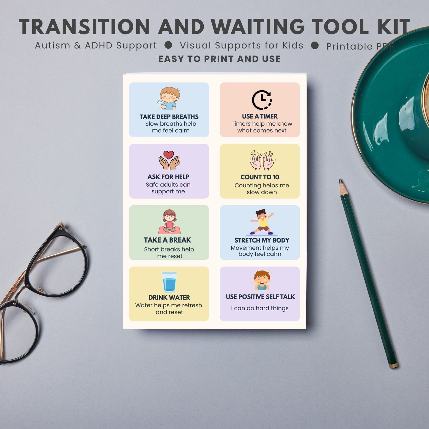Printable emotional regulation and coping strategy cards teaching deep breathing, asking for help, stretching, and positive self-talk