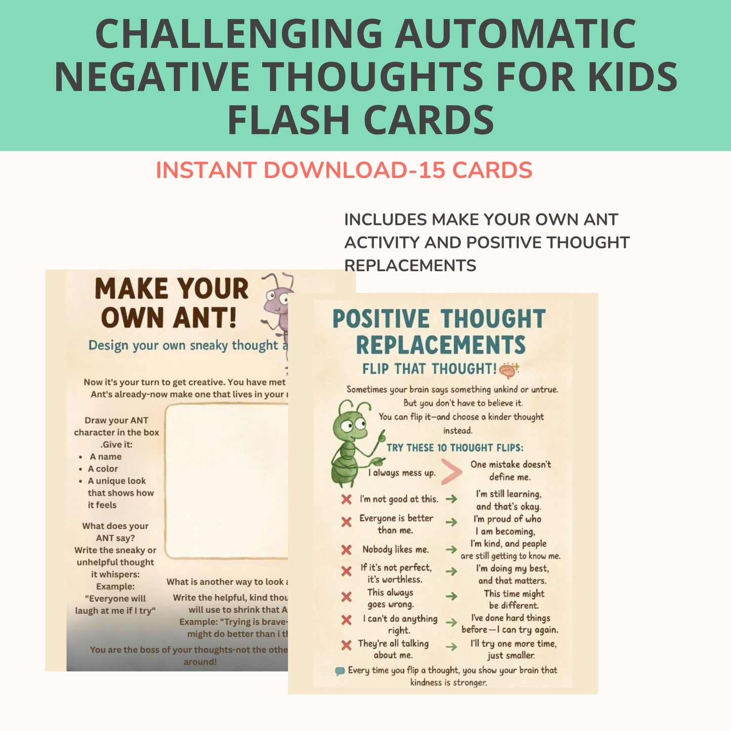 Automatic Negative Thoughts card with positive self talk replacement example