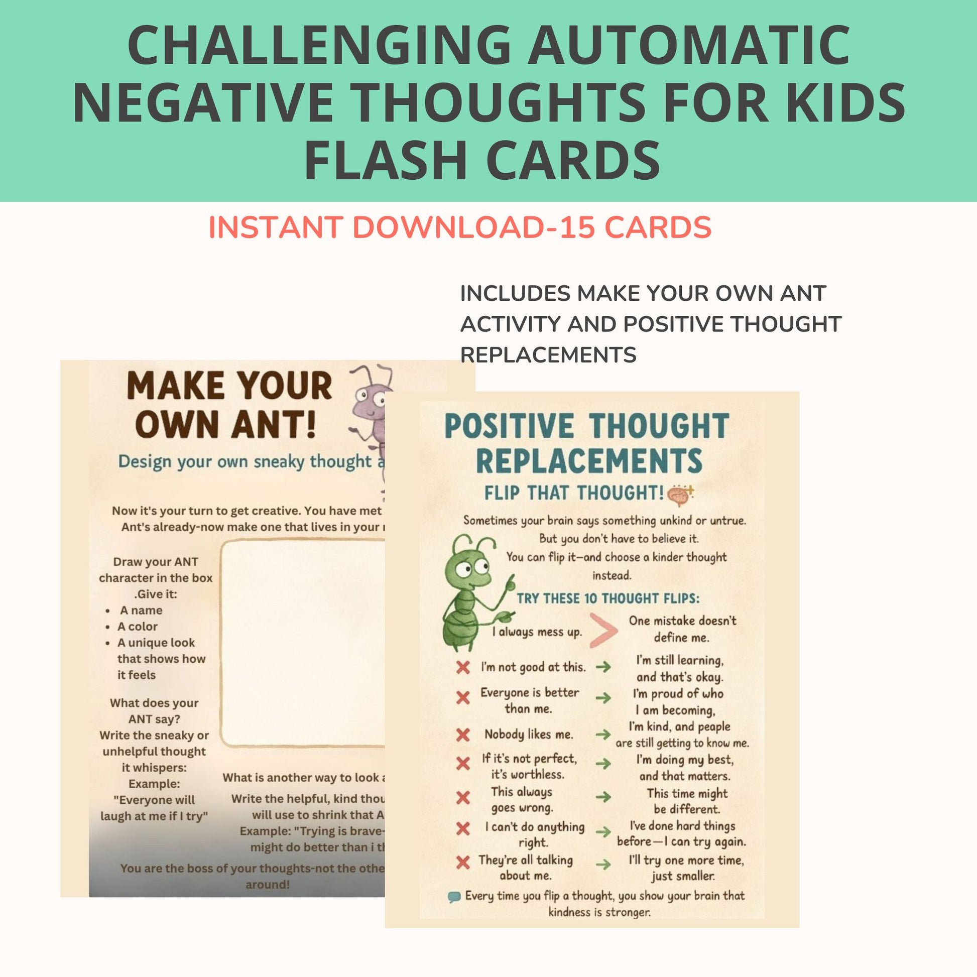 Automatic Negative Thoughts card with positive self talk replacement example
