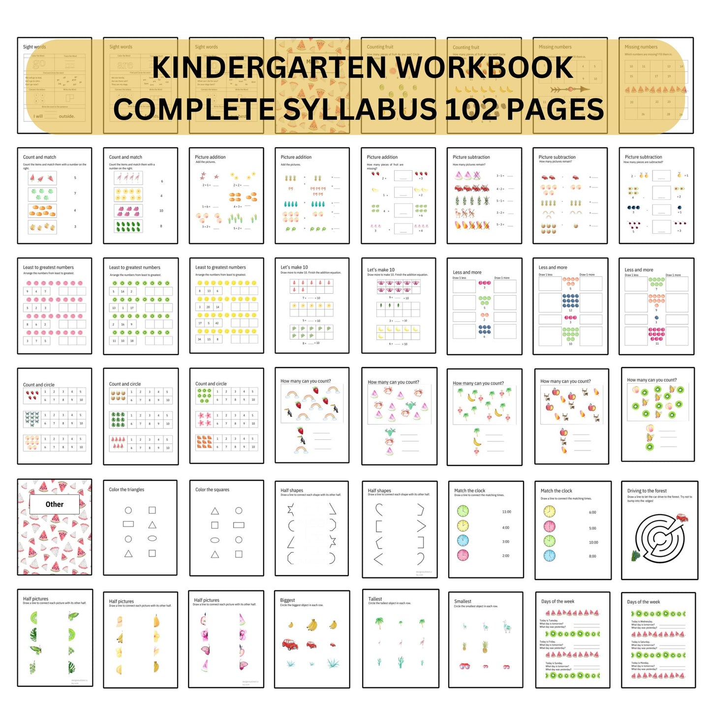Preschool Pre-K + Kindergarten Learning Bundle Printable Activity Worksheets  Coloring Tracing Alphabet Numbers Shapes complete curriculum