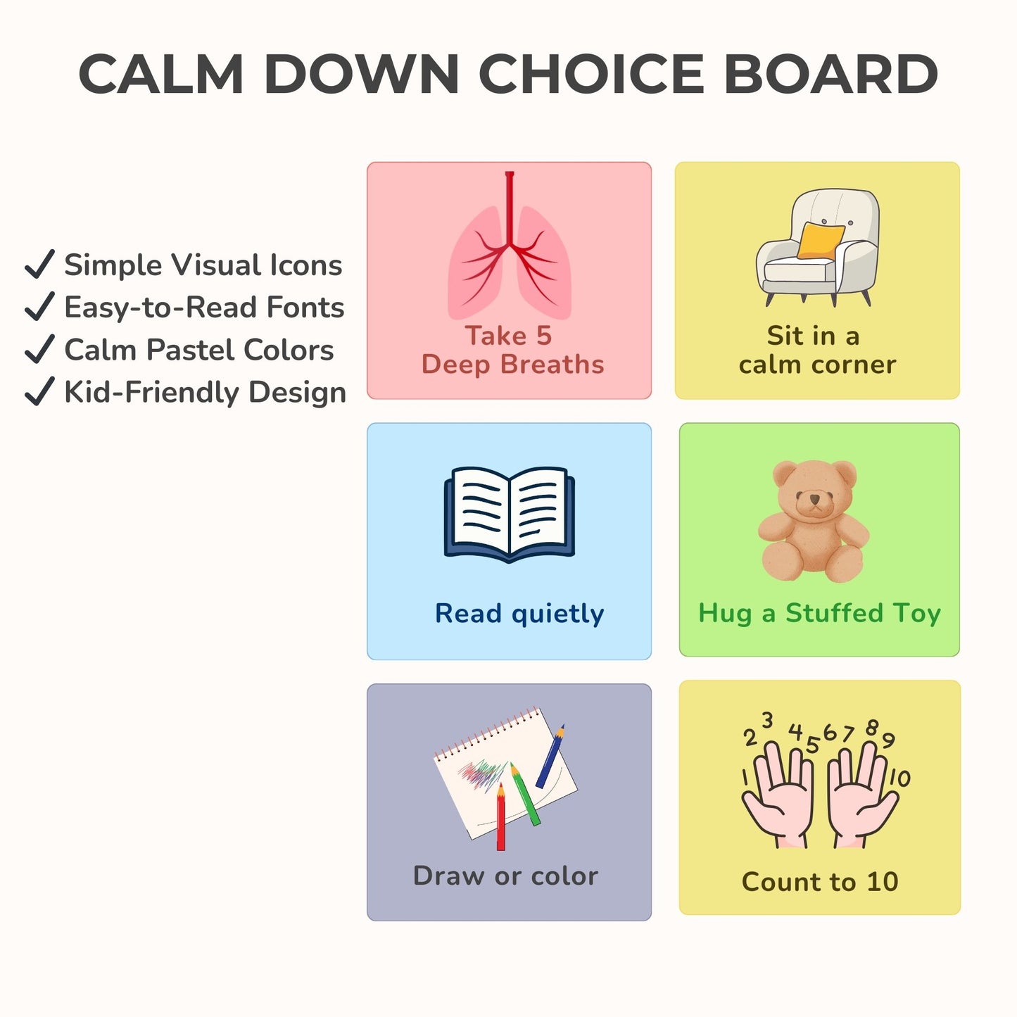 Autism visual calm down strategy cards for behavior support