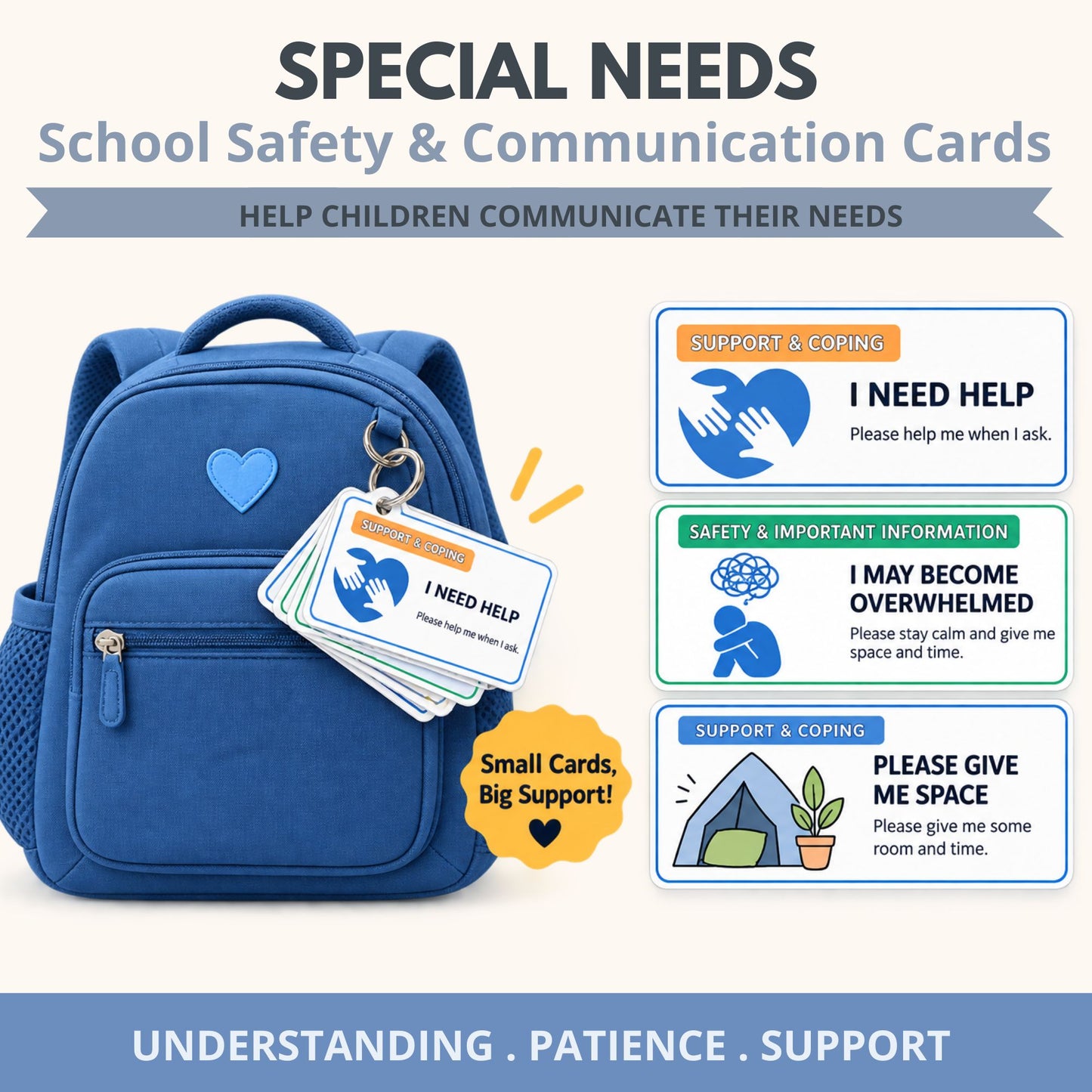 Autism communication cards attached to a child's backpack for portable school and sensory support