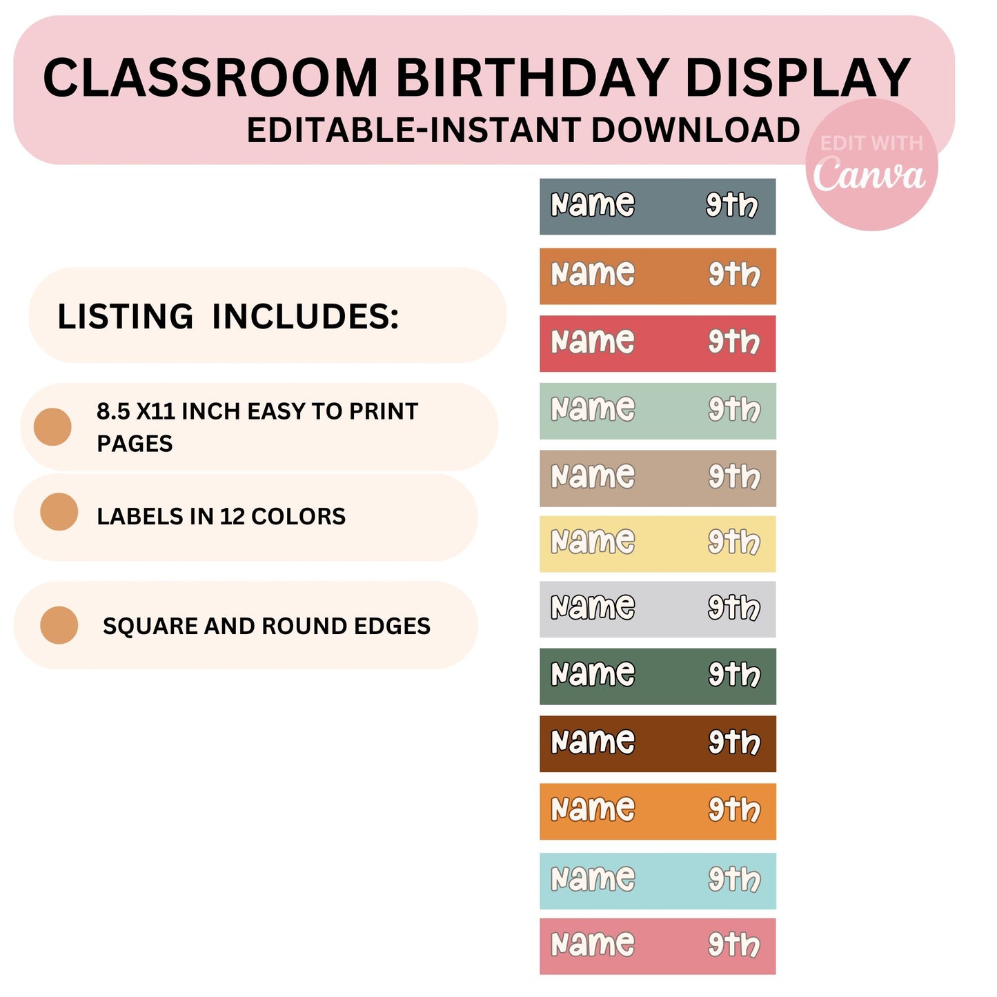 Classroom Birthday Printable Display Editable in Canva Boho Modern Classroom Management Decor PDFs + Teacher Templates Birthday Display