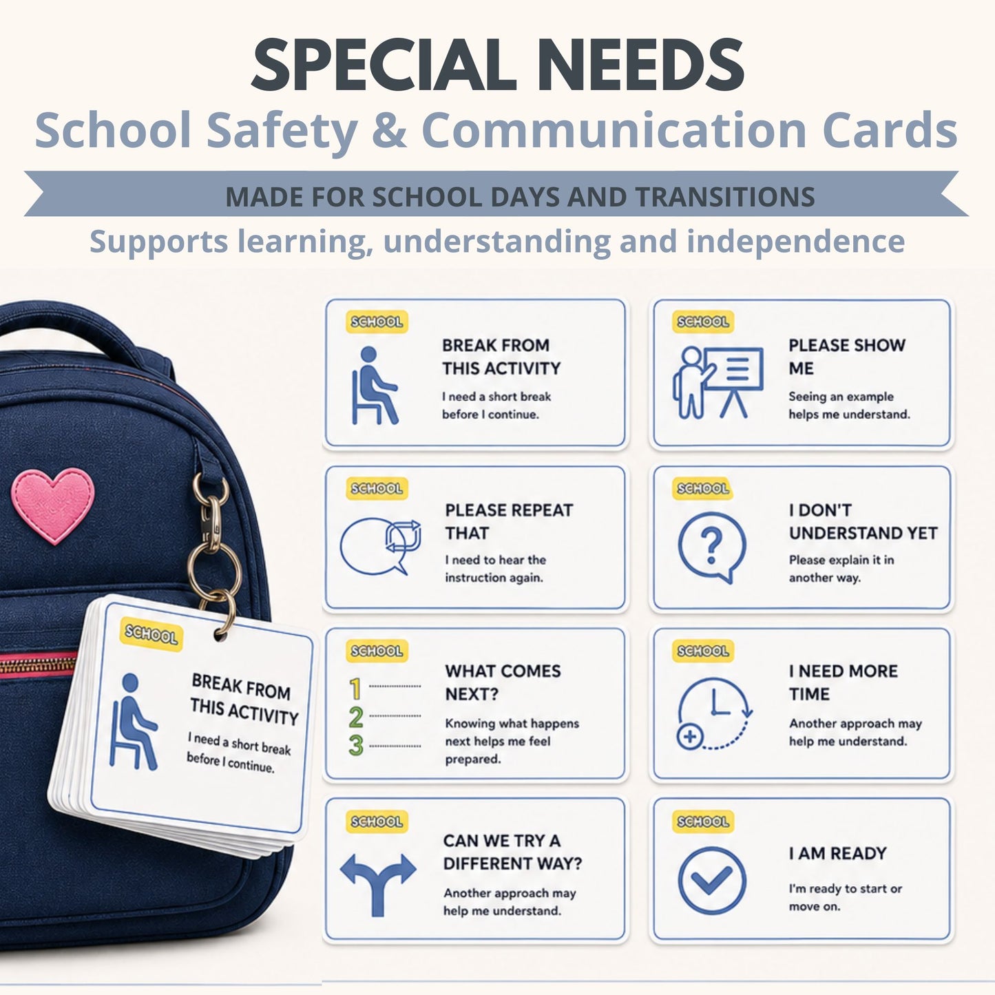 Special education school communication cards for breaks, instructions, repetition, extra time and classroom support