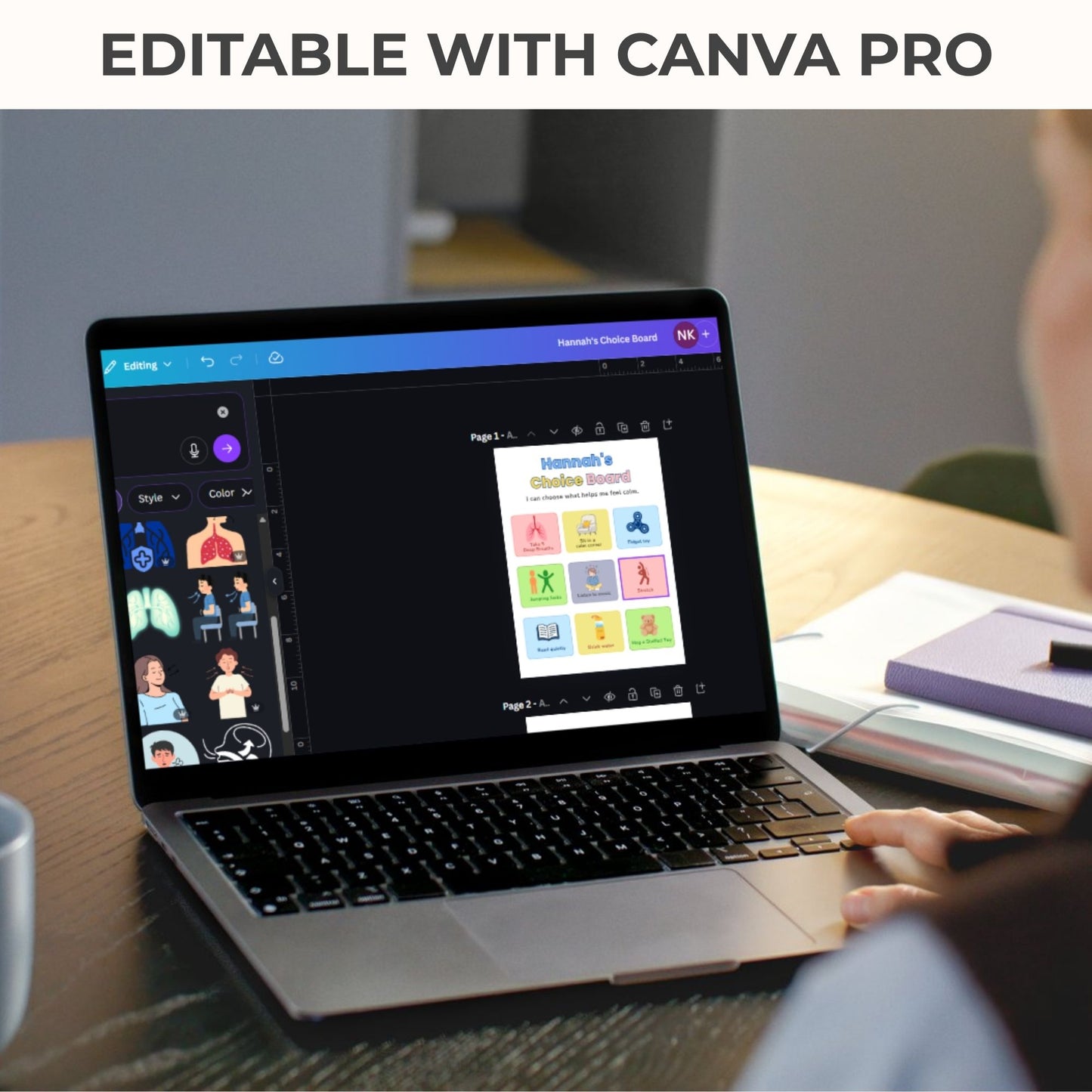 Calm Down Choice Board for Autism & ADHD | Printable Visual Behavior Support Chart Editable Canva Template