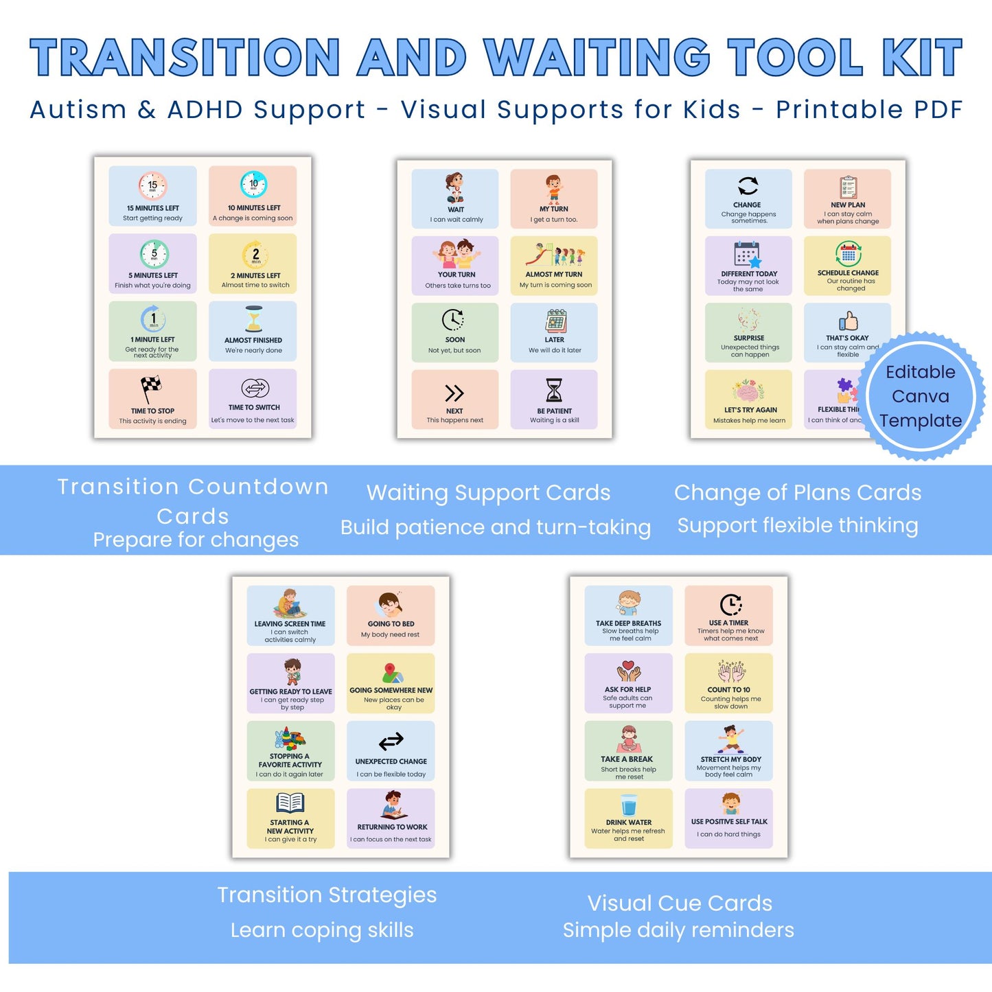 Autism ADHD transition and waiting toolkit with visual supports, countdown cards, waiting cards, and change of plans activities