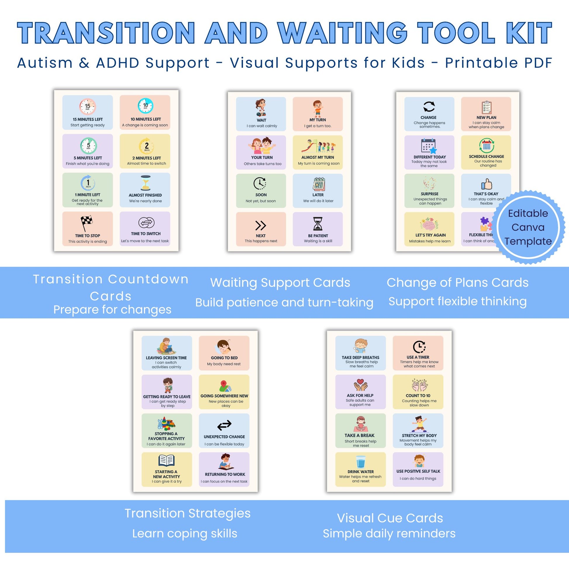 Autism ADHD transition and waiting toolkit with visual supports, countdown cards, waiting cards, and change of plans activities