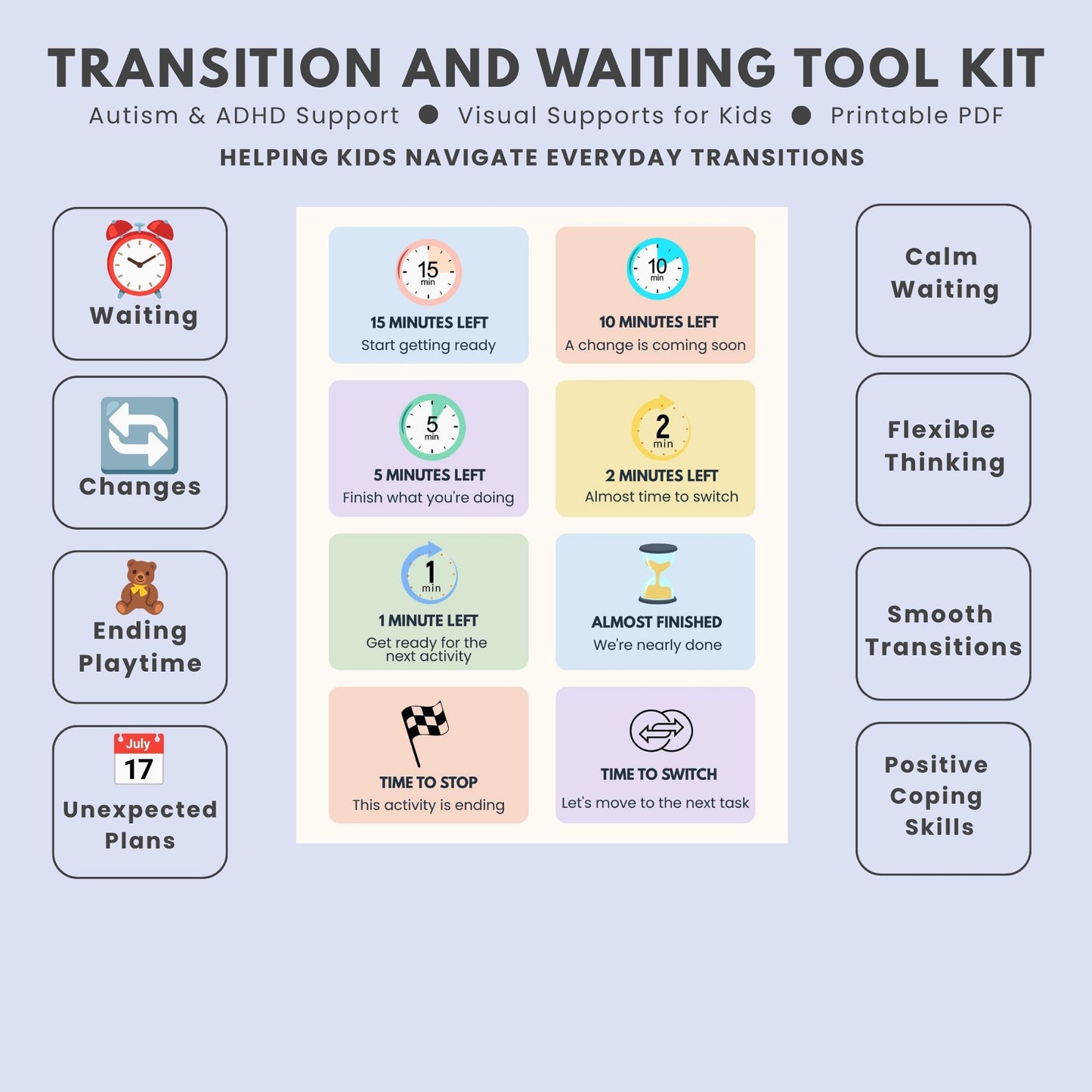 Transition visual cards supporting common daily routines including screen time, bedtime, new activities, and leaving home