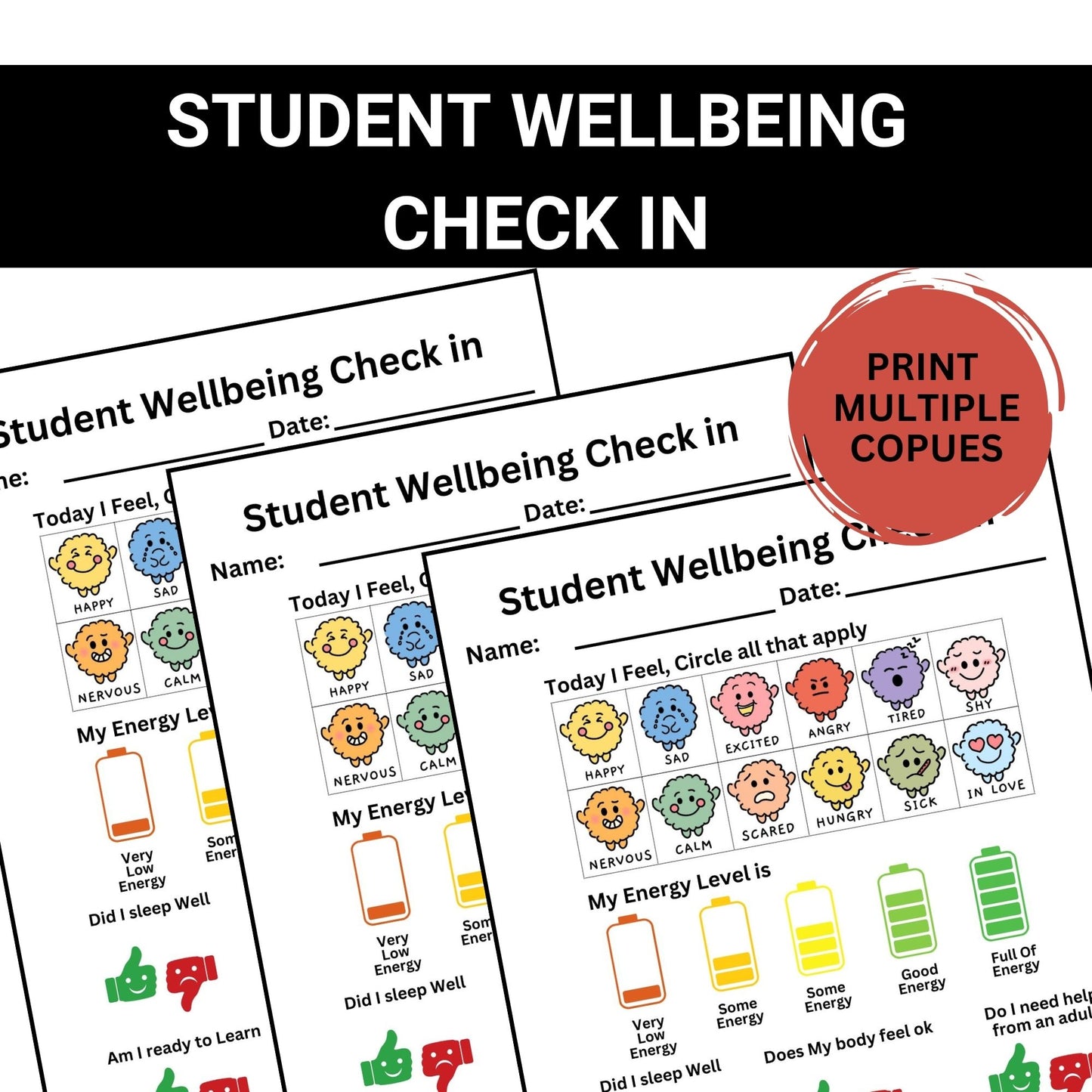 Student Wellness Check-In Sheet | Daily Wellbeing & Emotions Tracker | Teacher Resource for Elementary Students