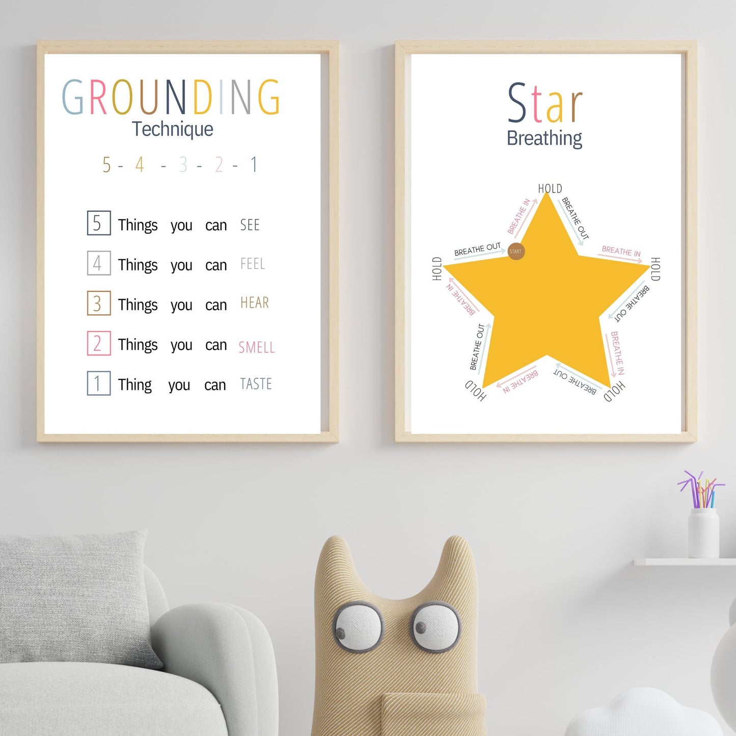 Set of 12 Soft Boho Calming Corner Posters Coping Techniques Wall Art for Kids Calm Down Skills Classroom Management Mental Health Prints