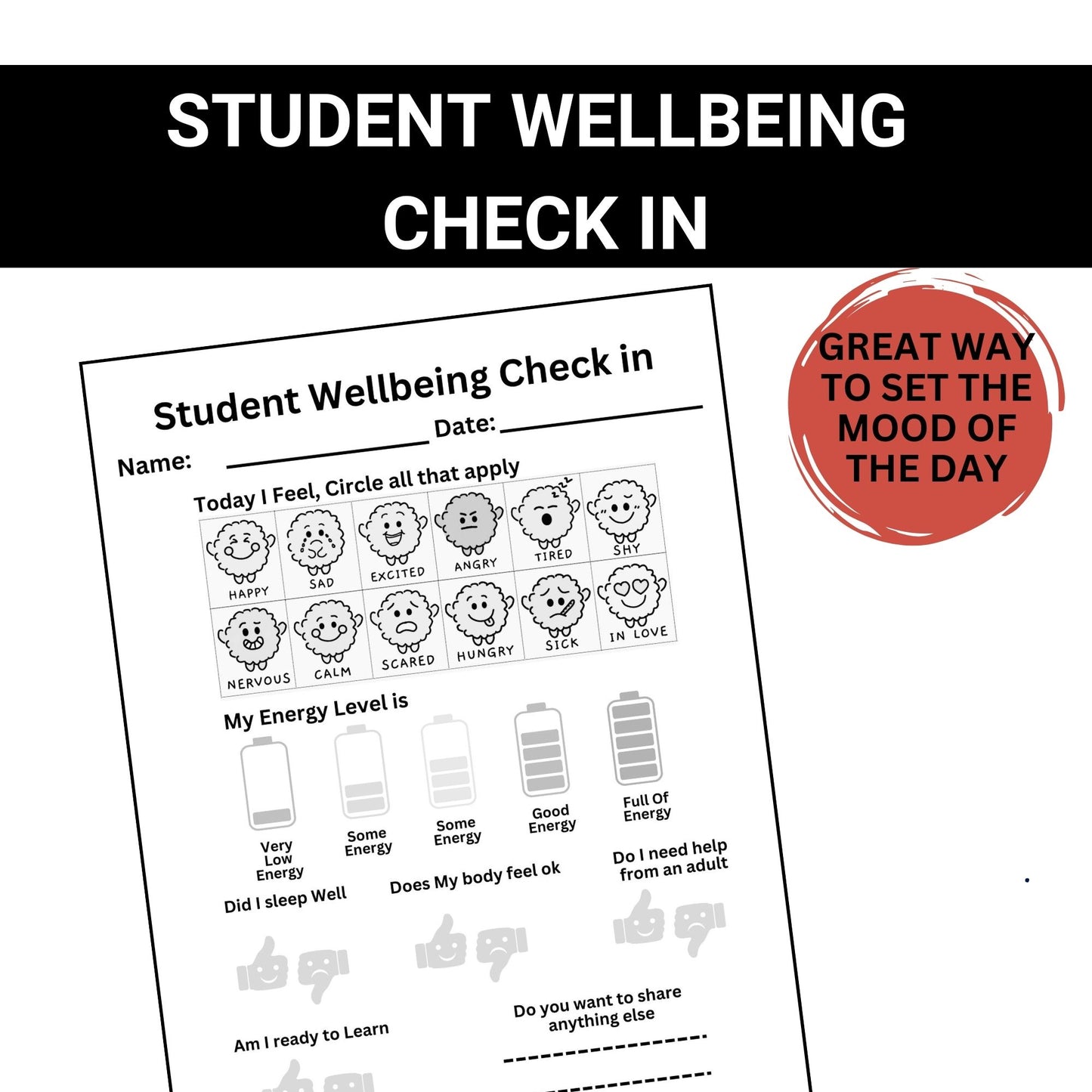 Student Wellness Check-In Sheet | Daily Wellbeing & Emotions Tracker | Teacher Resource for Elementary Students