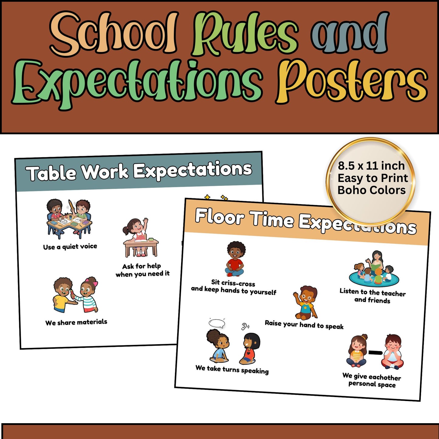 Boho School Expectations Posters for Classroom | Classroom Behavior Rules Visuals | Calm Corner & PBIS Expectations Printable Decor Set