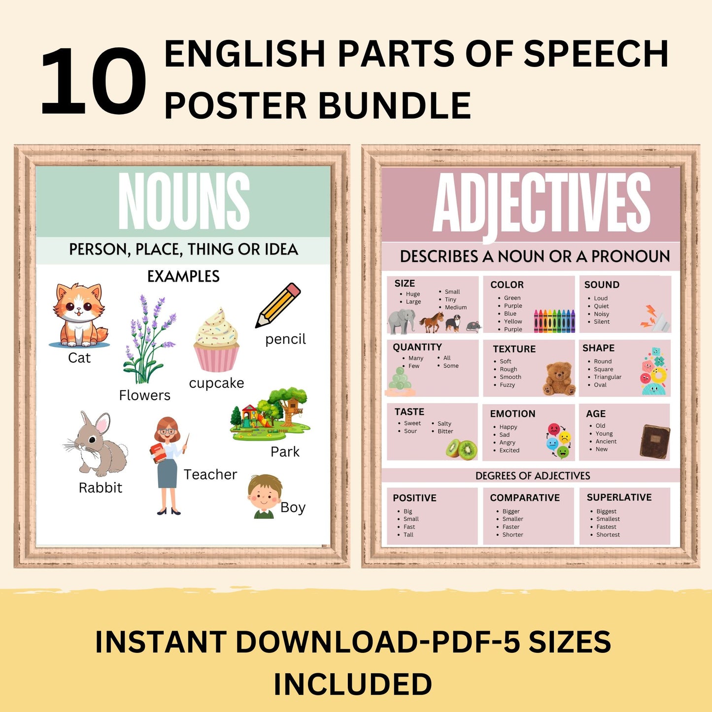 English Classroom Poster Bundle Bulletin Board Parts of Speech Pastel Boho Classroom Decor Modern English Classroom Posters Elementary