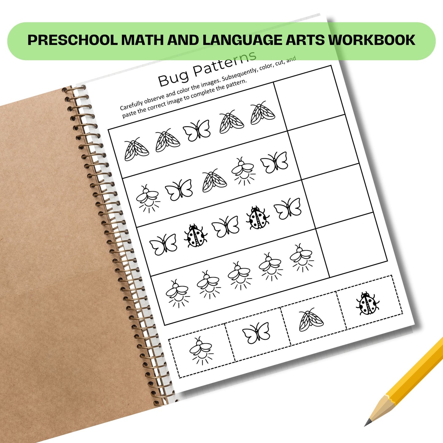 Printable Preschool Workbook | Insect Theme Toddler Activities | Homeschool Worksheets for Math and English