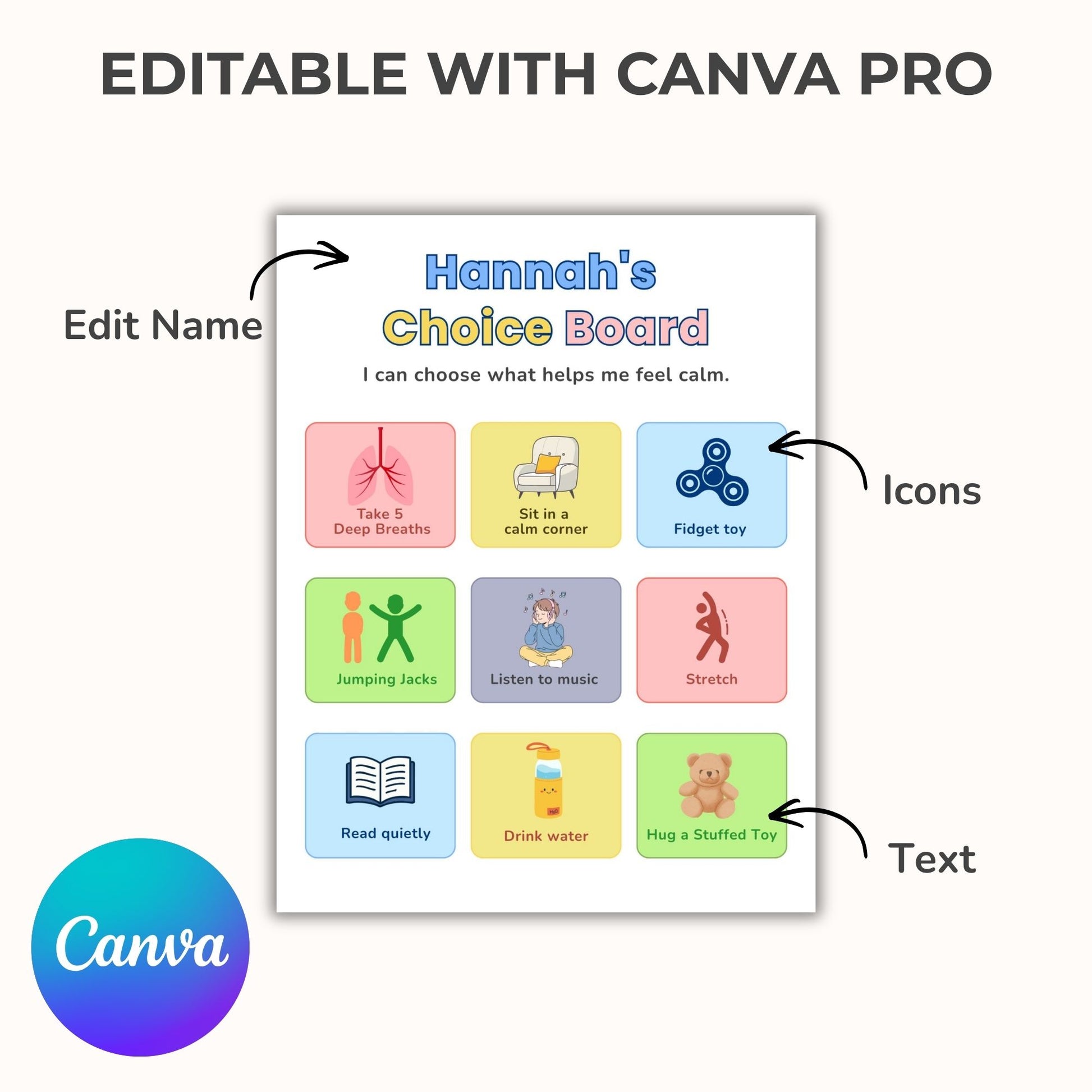 Editable calm down choice board template for classroom or home use