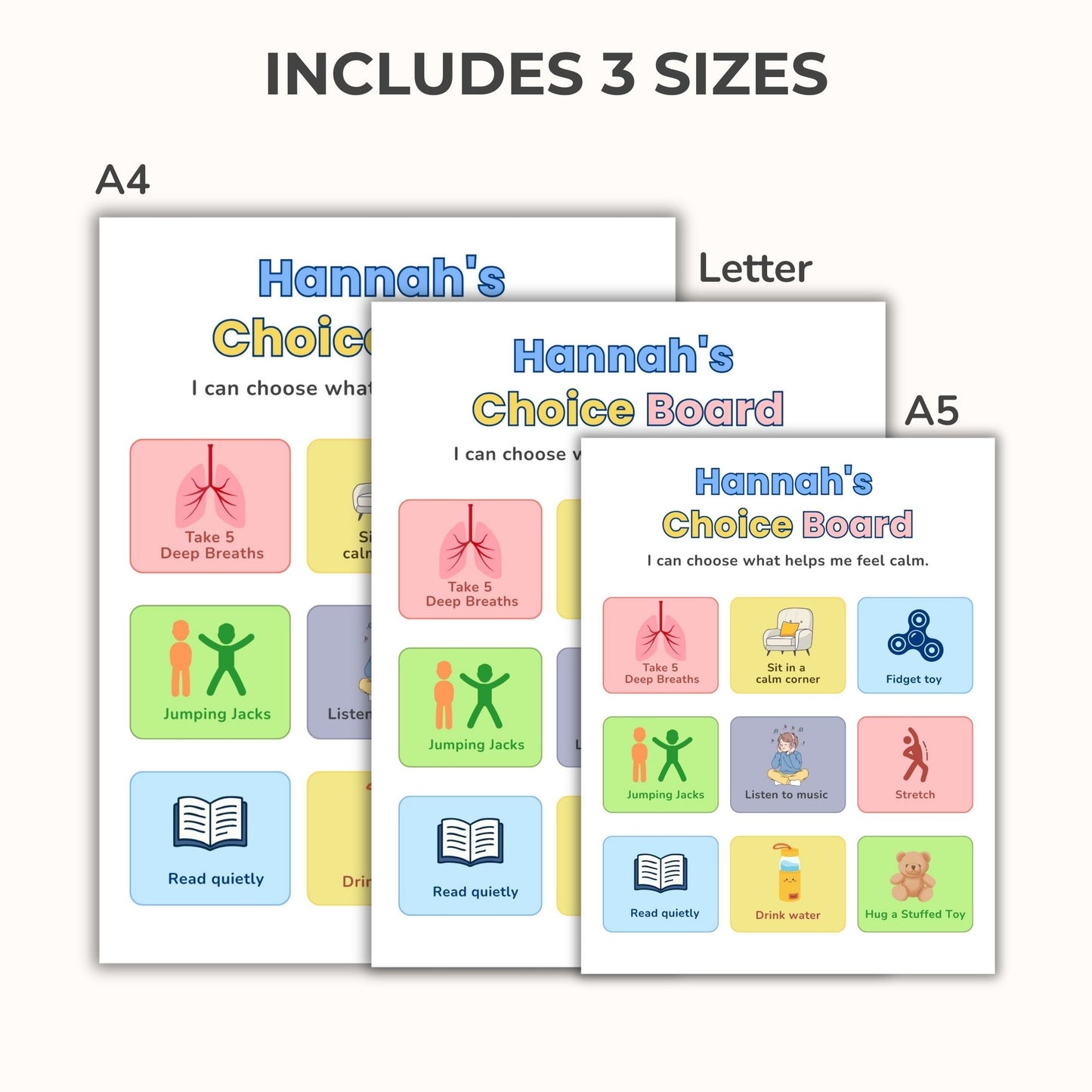 Calm Down Choice Board for Autism & ADHD | Printable Visual Behavior Support Chart Editable Canva Template