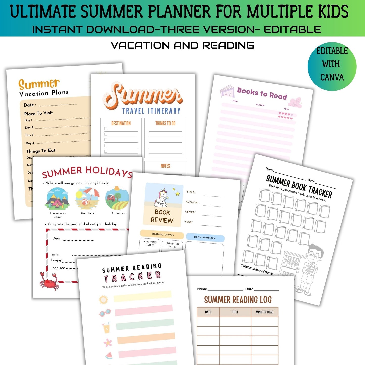 Printable Editable Summer Planner Bundle | Summer Calendar, Checklist & Chore Chart for Multiple Kids