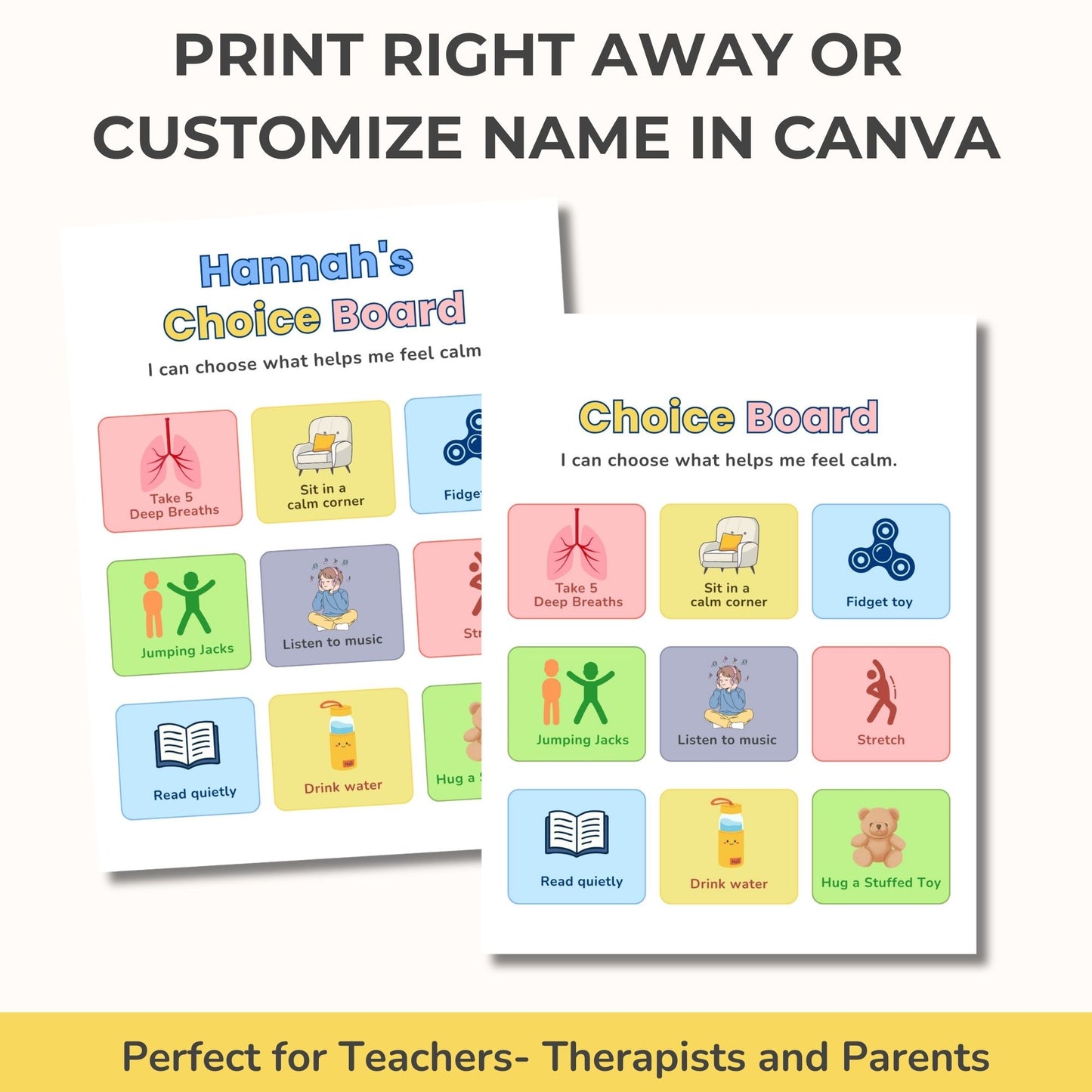 Calm Down Choice Board for Autism & ADHD | Printable Visual Behavior Support Chart Editable Canva Template