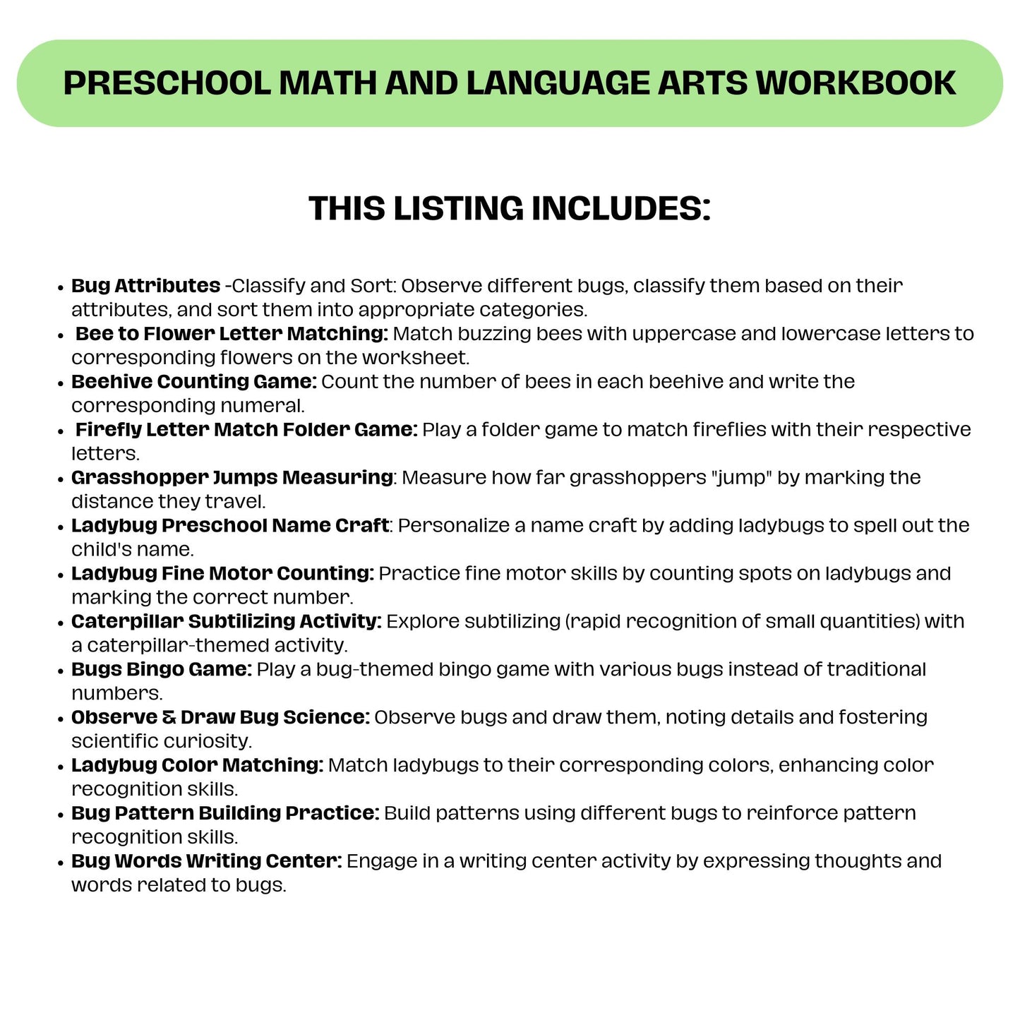 Printable Preschool Workbook | Insect Theme Toddler Activities | Homeschool Worksheets for Math and English