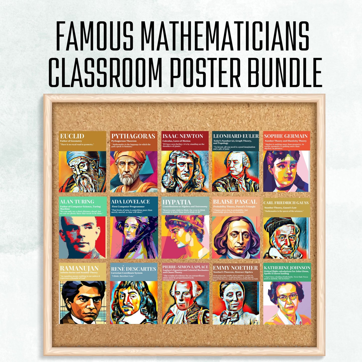 Famous Mathematicians Posters Set  of 15 Inspiring Classroom Decor Math Bulletin Board Mathematics Posters Mathematicians Quotes Bundle Geometry Physics Calculus Posters Maths Teacher Wall Art Newton Euclid