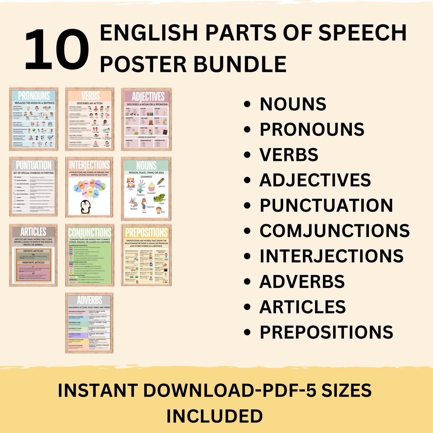 English Classroom Poster Bundle Bulletin Board Parts of Speech Pastel Boho Classroom Decor Modern English Classroom Posters Elementary